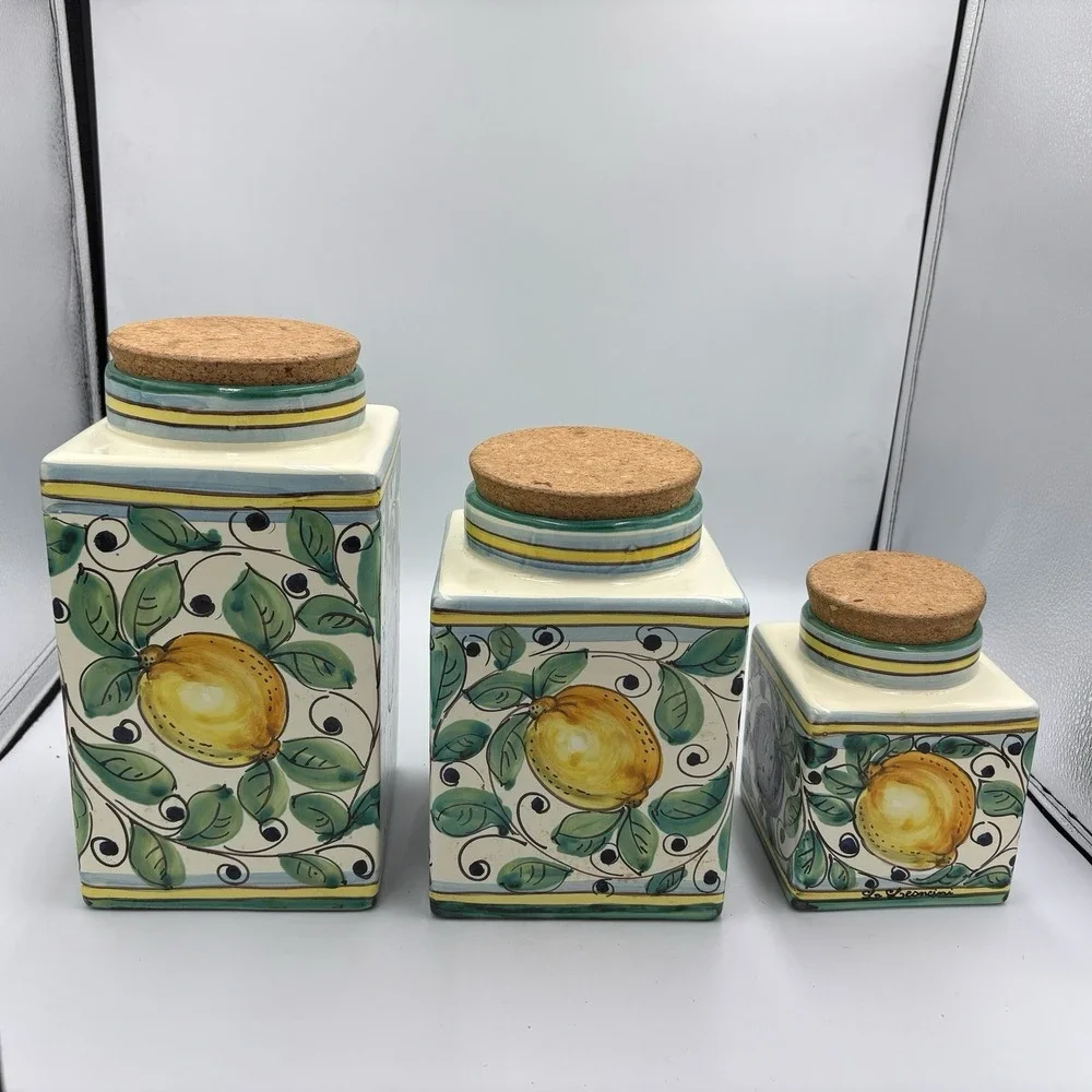 Leoncini‎ Italy Hand Painted Ceramic Canister Set San Gimignano Fruit Cork Lid